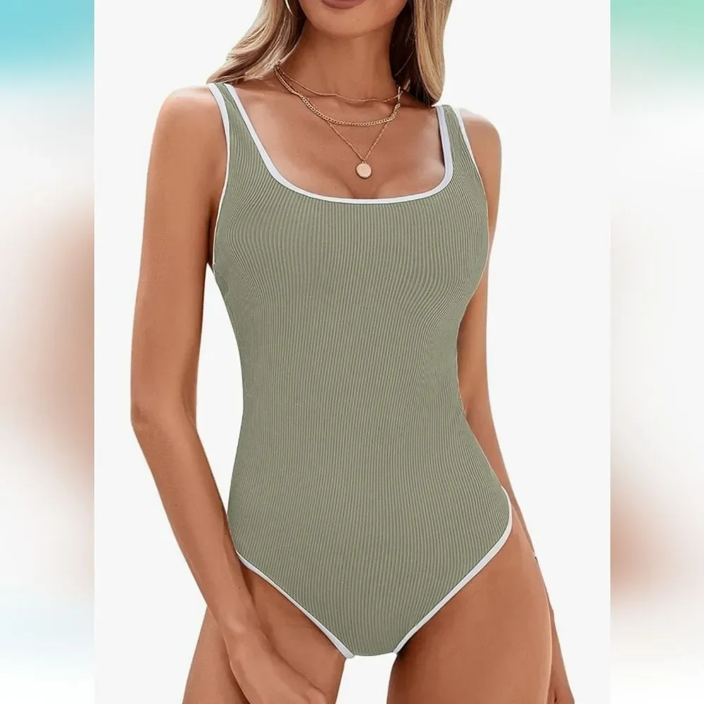 BMJL Women's One Piece Ribbed Knit High Cut Sports Swimsuit with Adjustable Stra